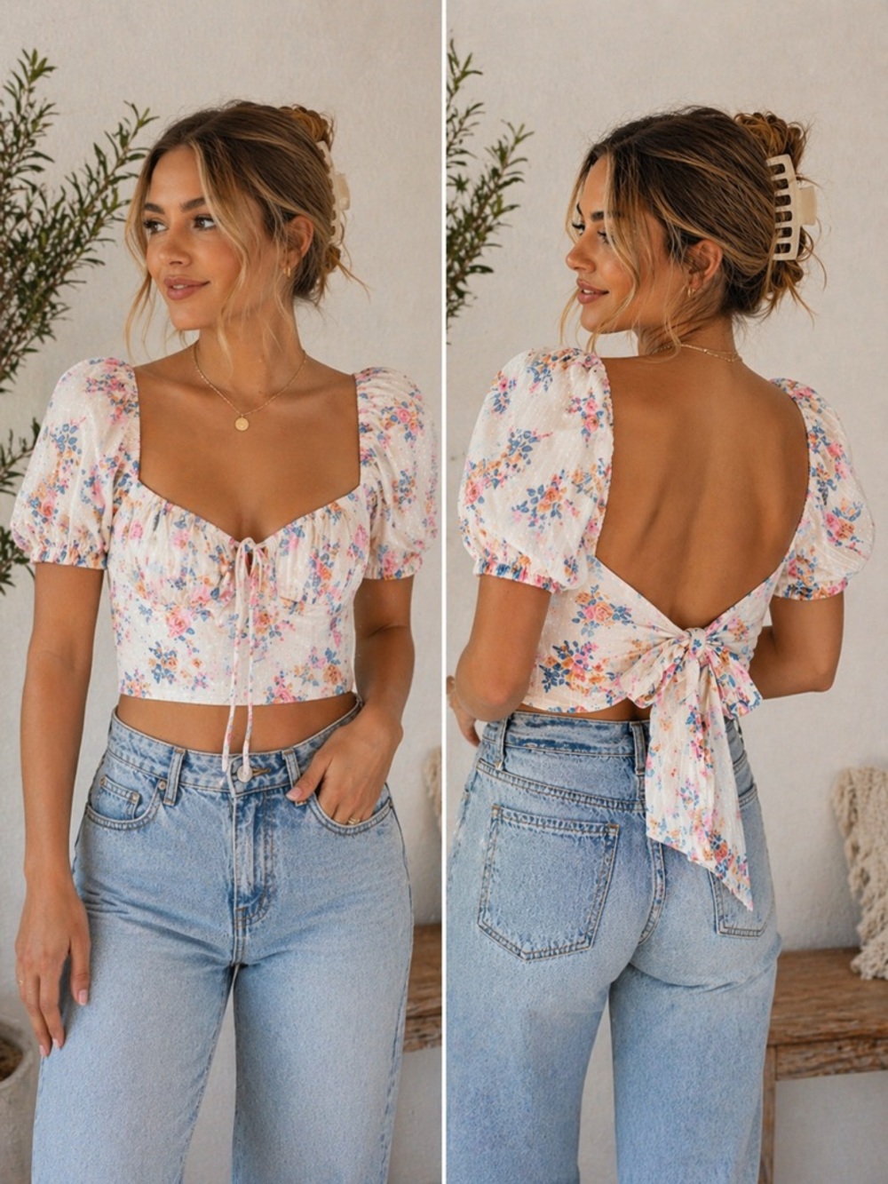 Altar’d State Floral Puff Sleeve Crop Top XS Tie Front Cottagecore